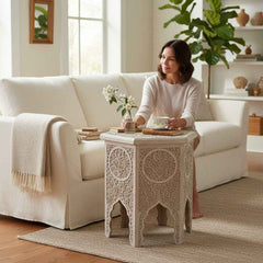 KB ART KB ART Whitewashed Carved Hexagonal Stool Table – Handcrafted Premium Solid Wood Jodhpur Rajasthani Decor – Handcrafted Boho Jodhpur Home Decor