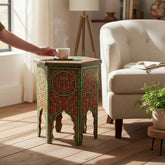 KB ART KB ART Green Hand Painted Floral Hexagonal Table – Handcrafted Premium Solid Wood Jodhpur Rajasthani Decor – Handcrafted Boho Jodhpur Home Decor