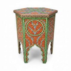 KB ART KB ART Green Hand Painted Floral Hexagonal Table – Handcrafted Premium Solid Wood Jodhpur Rajasthani Decor – Handcrafted Boho Jodhpur Home Decor
