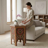 KB ART KB ART Moroccan Style Carved Hexagonal Accent Table – Handcrafted Premium Solid Wood Jodhpur Rajasthani Decor – Handcrafted Boho Jodhpur Home Decor