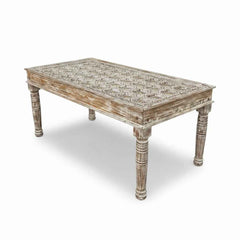 KB ART KB ART Whitewashed Carved Lattice Wooden Coffee Table – Handcrafted Premium Solid Wood Jodhpur Rajasthani Decor – Handcrafted Boho Jodhpur Home Decor