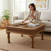 KB ART Hand Carved Floral Border Wooden Bajot Coffee Table – Handcrafted Rajasthani Jodhpur Home Decor