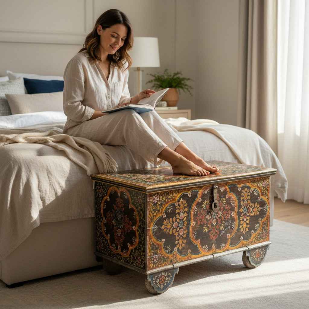 KB ART KB ART Hand-Painted Floral Folk Art Coffee Table Trunk – Handcrafted Premium Solid Wood Jodhpur Rajasthani Decor – Handcrafted Boho Jodhpur Home Decor