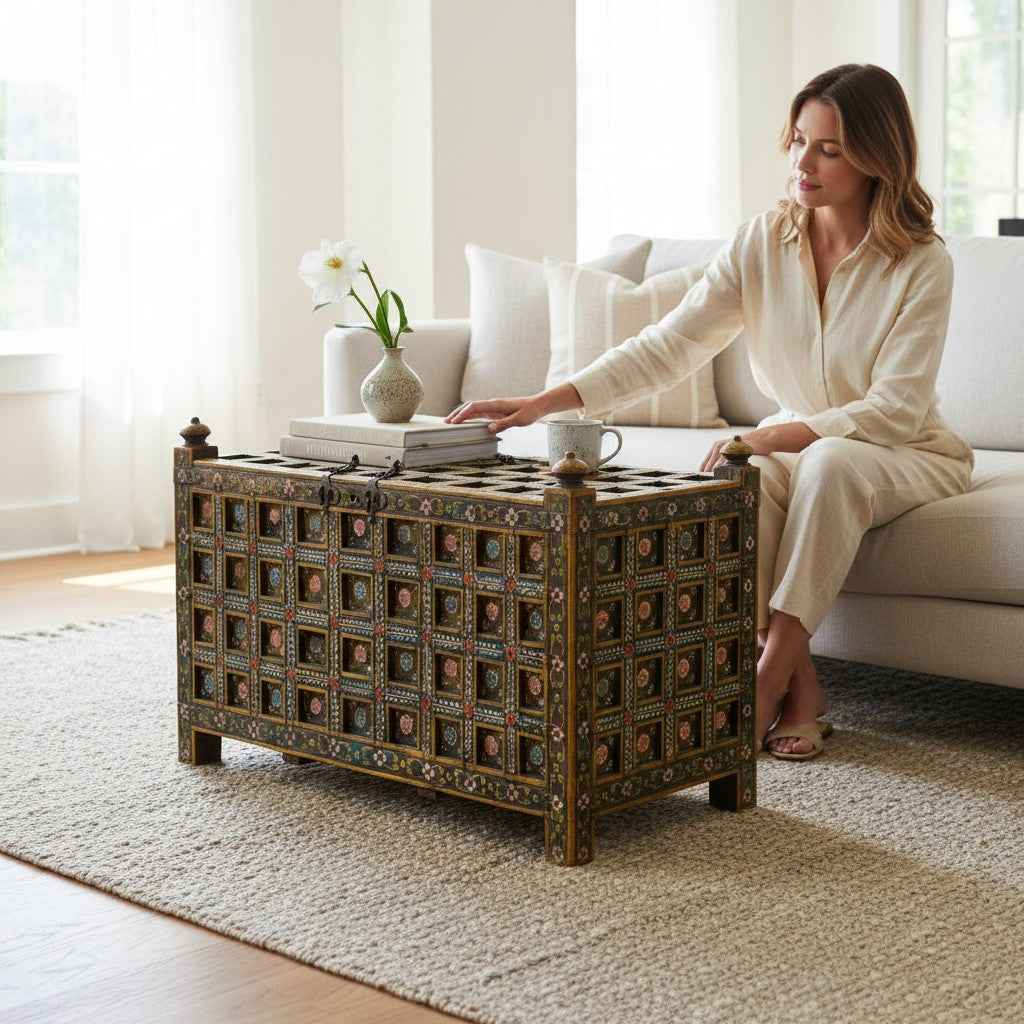 KB ART KB ART Hand-Painted Yellow Floral Grid Storage Trunk – Handcrafted Wood & Wrought Iron Jodhpur Rajasthani Decor – Handcrafted Boho Jodhpur Home Decor