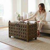 KB ART KB ART Hand-Painted Yellow Floral Grid Storage Trunk – Handcrafted Wood & Wrought Iron Jodhpur Rajasthani Decor – Handcrafted Boho Jodhpur Home Decor