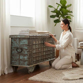 KB ART KB ART Patina Iron-Bound Lattice Storage Chest – Handcrafted Wood & Wrought Iron Jodhpur Rajasthani Decor – Handcrafted Boho Jodhpur Home Decor