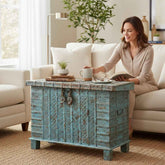 KB ART KB ART Rustic Distressed Blue Iron-Clad Cabinet – Handcrafted Wood & Wrought Iron Jodhpur Rajasthani Decor – Handcrafted Boho Jodhpur Home Decor