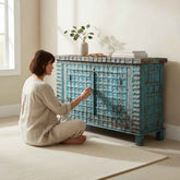KB ART KB ART Distressed Blue Iron-Clad 2-Door Sideboard – Handcrafted Wood & Wrought Iron Jodhpur Rajasthani Decor – Handcrafted Boho Jodhpur Home Decor