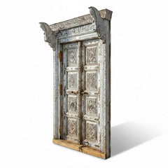 KB ART Whitewashed Carved Royal Temple Door Frame – Handcrafted Royal Antique Door Frame for Home Decor Styling