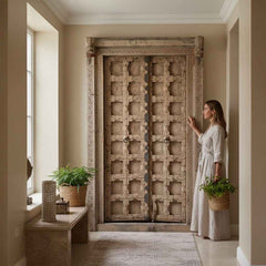 KB ART Light-Washed Grid Panel Teak Door Set – Handcrafted Rajasthani Antique Door Set for Home Decor Styling