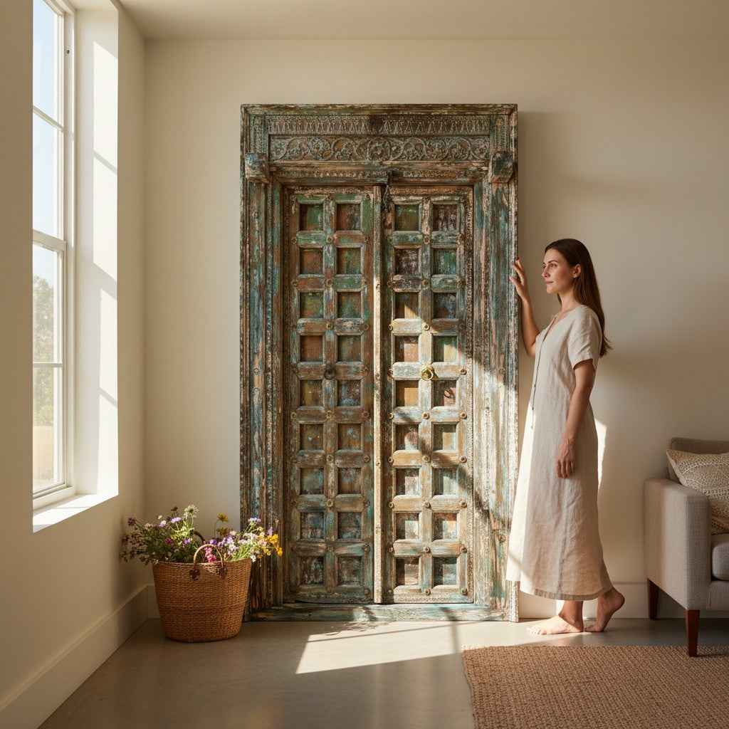KB ART Chippy Patina Blue Antique Carved Door – Handcrafted Rajasthani Antique Door for Home Decor Styling