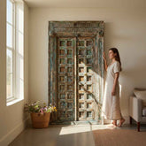KB ART Chippy Patina Blue Antique Carved Door – Handcrafted Rajasthani Antique Door for Home Decor Styling
