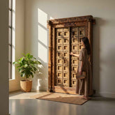 KB ART Solid Teak Brass-Studded Carved Pillar Door – Handcrafted Rajasthani Antique Door for Home Decor Styling