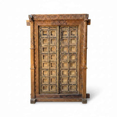 KB ART Solid Teak Brass-Studded Carved Pillar Door – Handcrafted Rajasthani Antique Door for Home Decor Styling