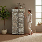 KB ART Chippy White Distressed Haveli Storage Cabinet – Handcrafted Haveli Antique Storage Cabinet for Home Decor Styling