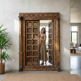 KB ART Solid Teak Brass-Studded Carved Pillar Door - Design II – Handcrafted Rajasthani Jodhpur Home Decor