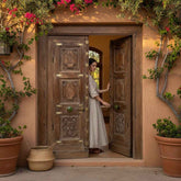 KB ART Carved Wood Double Door Frame with Green Knobs – Handcrafted Rajasthani Jodhpur Home Decor