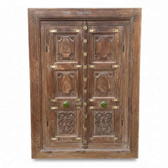 KB ART Carved Wood Double Door Frame with Green Knobs – Handcrafted Rajasthani Jodhpur Home Decor