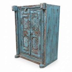 KB ART Distressed Blue Sunburst Carved Door Armoire – Handcrafted Rajasthani Antique Armoire for Home Decor Styling