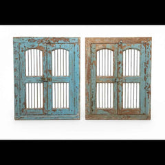 KB ART Distressed Blue Wooden Jali Shutter Windows (Pair) – Handcrafted Rajasthani Jodhpur Home Decor