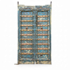 KB ART Distressed Blue Brass-Studded Haveli Door – Handcrafted Haveli Antique Door for Home Decor Styling