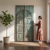 KB ART Arched-Panel Patina Turquoise Wooden Door – Handcrafted Rajasthani Antique Door for Home Decor Styling