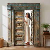 KB ART Ornate Blue Carved Wooden Temple Door – Handcrafted Rajasthani Antique Door for Home Decor Styling
