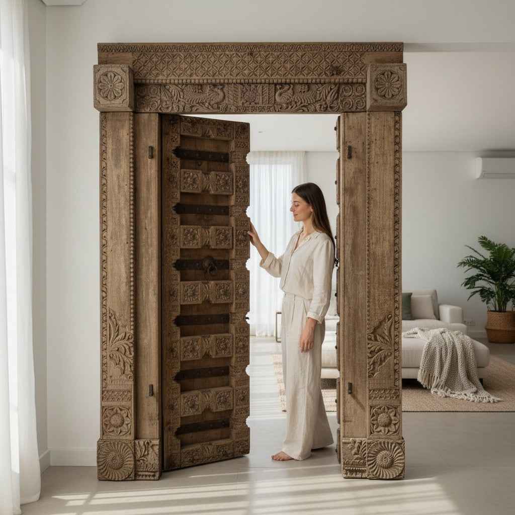 KB ART Natural Teak Floral-Carved Entrance Door – Handcrafted Rajasthani Antique Door for Home Decor Styling