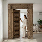 KB ART Natural Teak Floral-Carved Entrance Door – Handcrafted Rajasthani Antique Door for Home Decor Styling