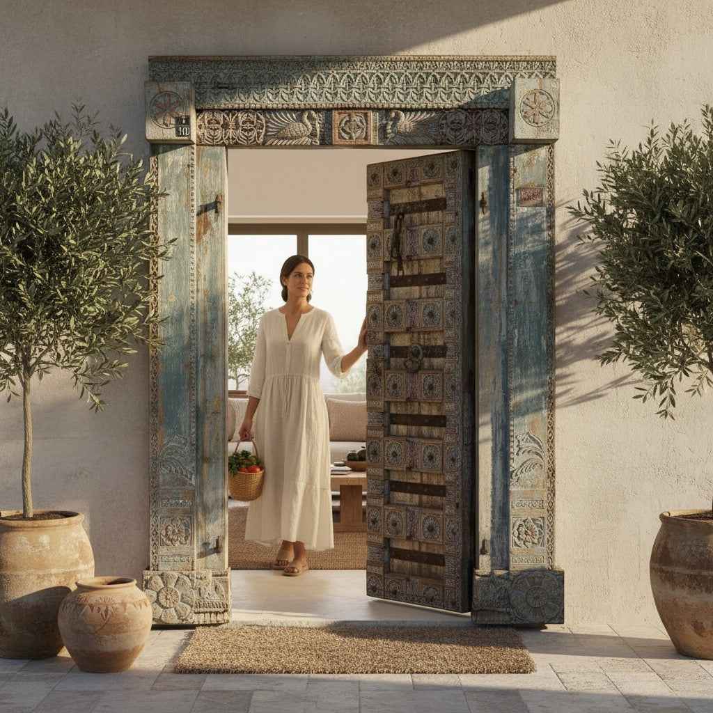KB ART Weathered Blue Carved Architectural Haveli Door – Handcrafted Haveli Antique Door for Home Decor Styling