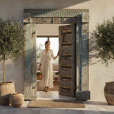 KB ART Weathered Blue Carved Architectural Haveli Door – Handcrafted Haveli Antique Door for Home Decor Styling