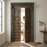 KB ART Distressed Blue Frame Diamond Lattice Door – Handcrafted Rajasthani Antique Door for Home Decor Styling