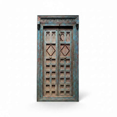 KB ART Distressed Blue Frame Diamond Lattice Door – Handcrafted Rajasthani Antique Door for Home Decor Styling