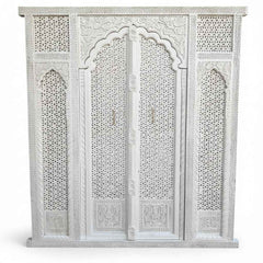 KB ART Hand-Painted Floral White Distressed Wooden Door – Handcrafted Rajasthani Antique Door for Home Decor Styling