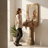 KB ART Bleached White Carved Standing Solid Wood Floor & Vanity Mirror – Handcrafted Rajasthani Jodhpur Home Decor