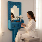 KB ART Vibrant Blue Carved Pedestal Solid Wood Floor Mirror – Handcrafted Rajasthani Jodhpur Home Decor