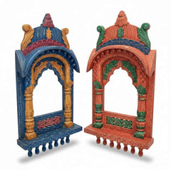 KB ART Multicolor Hand-Painted Jharokha Arch Solid Wood Wall Decor Frame Set – Handcrafted Rajasthani Jodhpur Home Decor