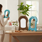 KB ART Natural Wood Arched Trio Solid Wood Tabletop Mirror Set – Handcrafted Rajasthani Jodhpur Home Decor