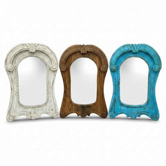 KB ART Natural Wood Arched Trio Solid Wood Tabletop Mirror Set – Handcrafted Rajasthani Jodhpur Home Decor