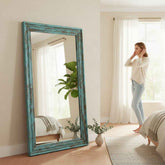 KB ART Weathered Turquoise Weathered Molded Solid Wood Floor Mirror – Handcrafted Rajasthani Jodhpur Home Decor