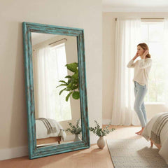 KB ART Weathered Turquoise Weathered Molded Solid Wood Floor Mirror – Handcrafted Rajasthani Jodhpur Home Decor