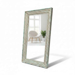 KB ART Teal & Whitewash Chippy Standing Solid Wood Floor Mirror – Handcrafted Rajasthani Jodhpur Home Decor