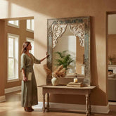 KB ART Weathered Natural Vintage Carved Solid Wood Wall Mirror – Handcrafted Vintage Jodhpur Home Decor