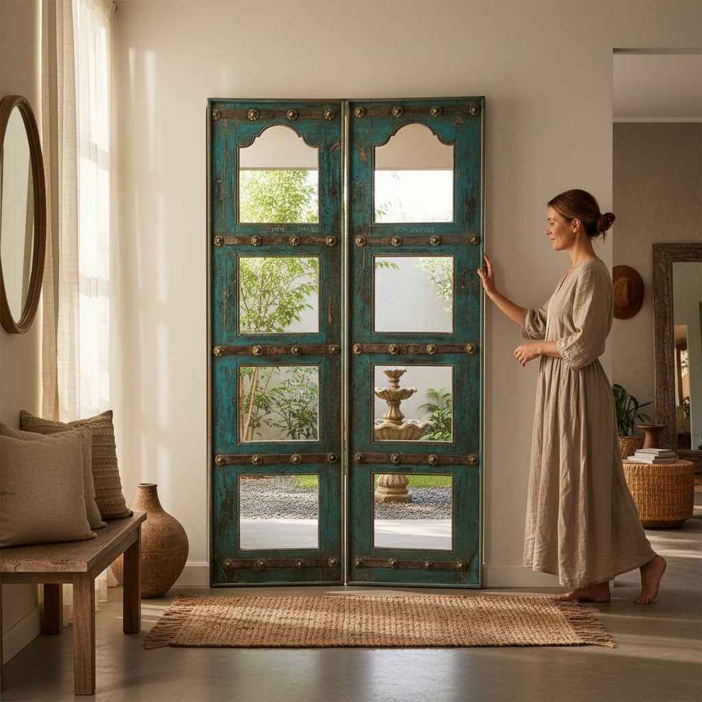 KB ART Distressed Teal Distressed Iron-Studded Solid Wood & Iron Door-Style Mirror Pair – Handcrafted Rajasthani Jodhpur Home Decor