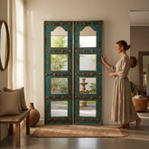 KB ART Distressed Teal Distressed Iron-Studded Solid Wood & Iron Door-Style Mirror Pair – Handcrafted Rajasthani Jodhpur Home Decor