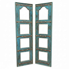 KB ART Distressed Teal Distressed Iron-Studded Solid Wood & Iron Door-Style Mirror Pair – Handcrafted Rajasthani Jodhpur Home Decor