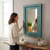 KB ART Distressed Teal Bobbin Beaded Carved Solid Wood Wall Mirror – Handcrafted Rajasthani Jodhpur Home Decor