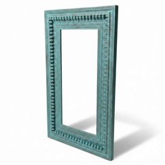 KB ART Distressed Teal Bobbin Beaded Carved Solid Wood Wall Mirror – Handcrafted Rajasthani Jodhpur Home Decor