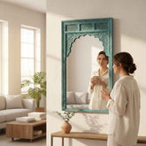 KB ART Vibrant Turquoise Carved Jharokha Solid Wood Wall Mirror – Handcrafted Rajasthani Jodhpur Home Decor