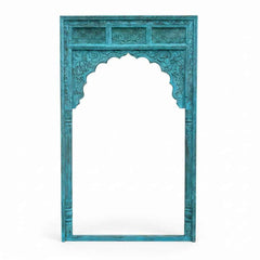 KB ART Vibrant Turquoise Carved Jharokha Solid Wood Wall Mirror – Handcrafted Rajasthani Jodhpur Home Decor